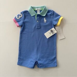 Ralph Lauren 3 Months Baby Boy Blue Polo Romper Spring Summer NWT Preppy Easter